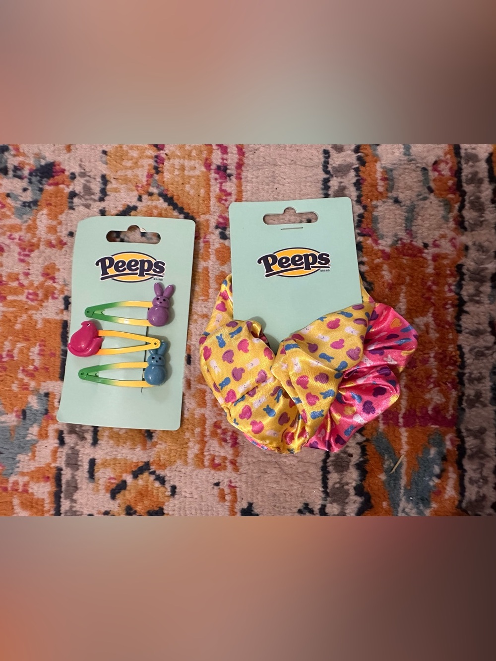 Peeps Scrunchies 2 Pack Pink Yellow Bunnies And Ducks And 3 Hair Clips Easter